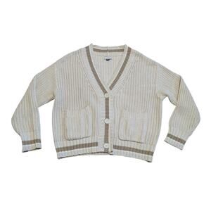 American Eagle AE Tipped Button-Up Cardigan Sweater Chunky Knit Cream Preppy Tan